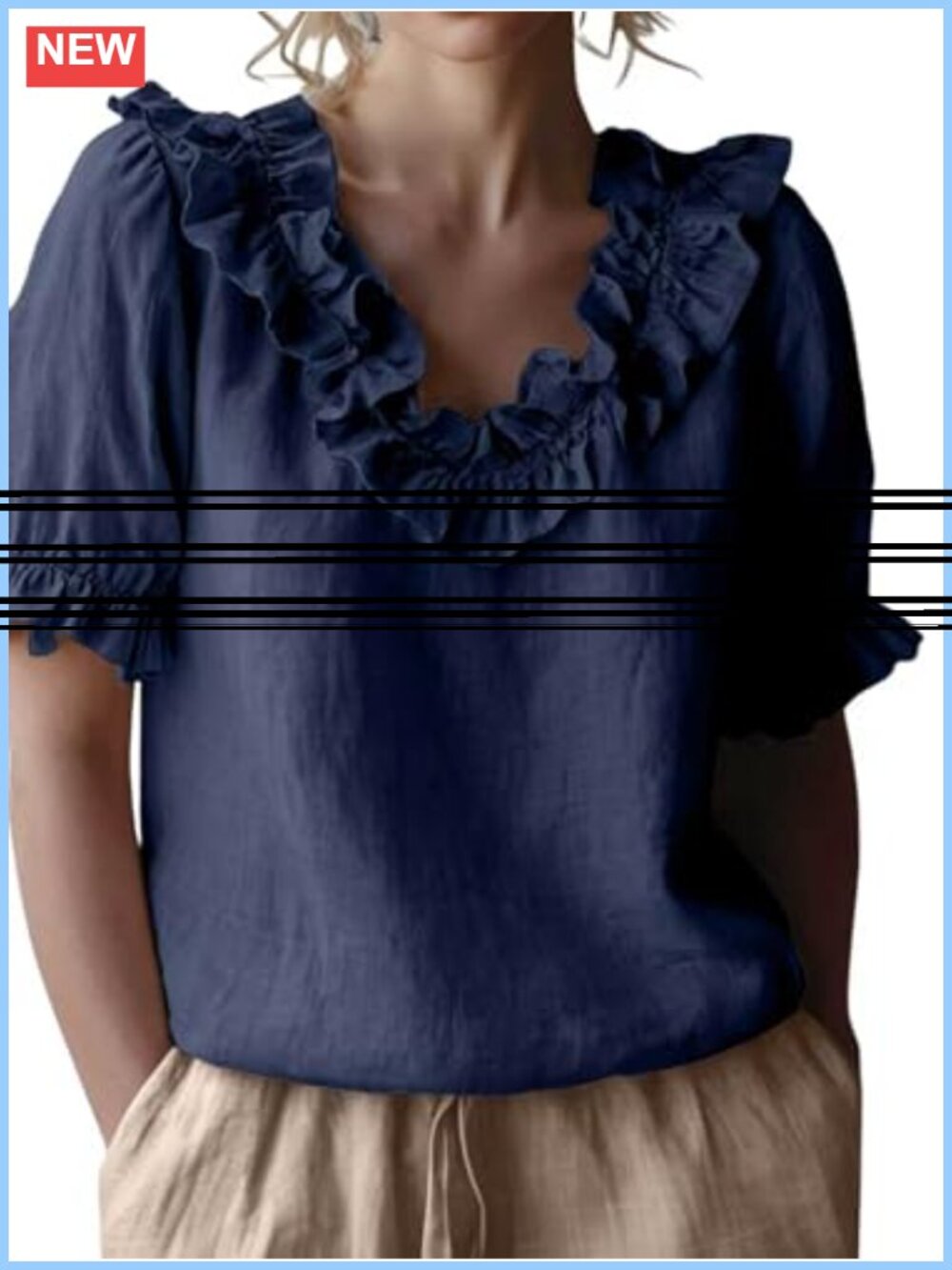 Women's Cotton Linen Ruffle V-Neck Puff Short Sleeve Blouse Casual Vacation Top